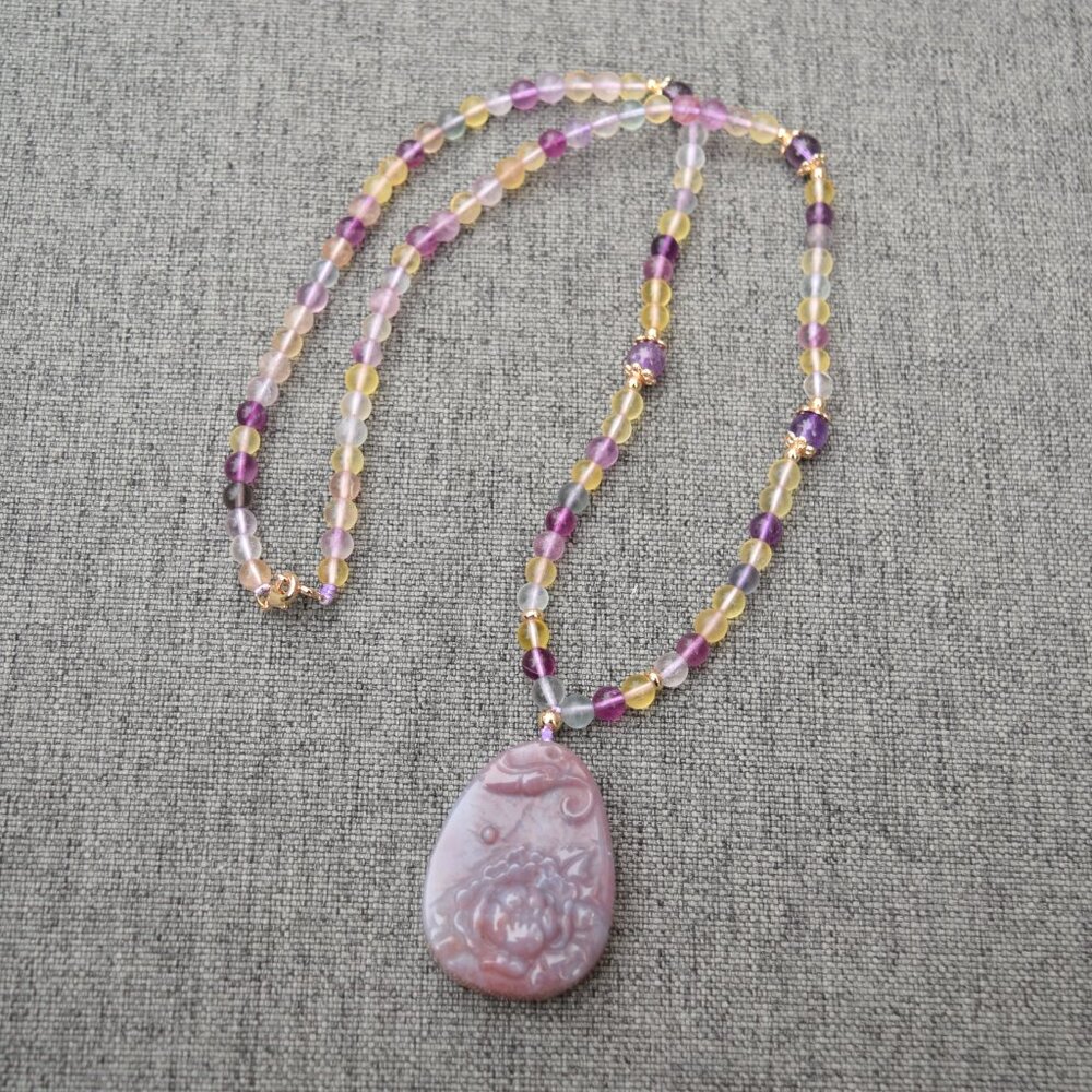 Purple Ocean Jasper Peony Pendant Necklace - Fluorite Beaded Necklace